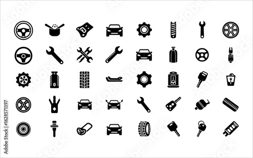 Collection of automotive icons featuring cars tools steering wheels tires and mechanical components