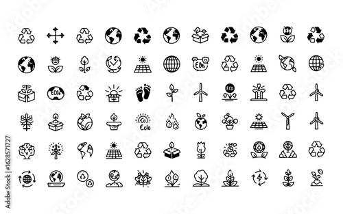 Collection of hand drawn black and white icons representing environmental sustainability and eco friendly concepts