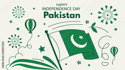 Illustration celebrating pakistan independence day with flag and festive green elements around it