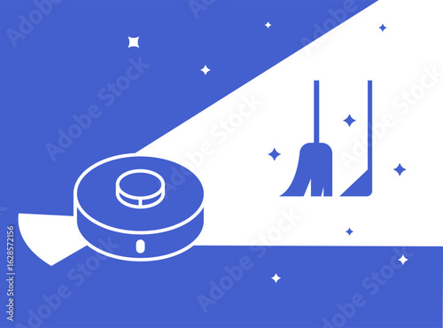 Smart Robot Vacuum Cleaner Icon – Automated Cleaning Concept. Minimalistic vector illustration of a smart robot vacuum cleaner highlighting traditional cleaning tools like a broom and dustpan.