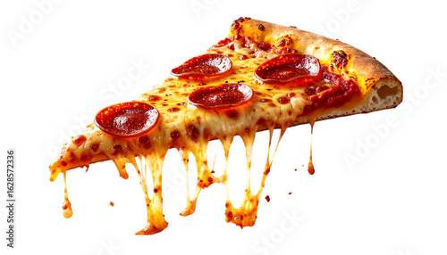 Pepperoni pizza slice with dripping cheese, a delicious Italian meal on transparent background