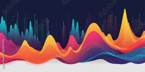 Abstract colorful sound wave equalizer and frequency pattern on a blue background