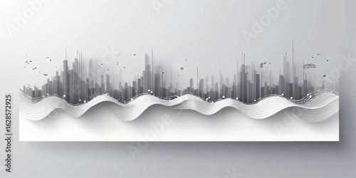 Torn paper reveals a blue skyline with silhouetted skyscrapers, a modern cityscape illustration