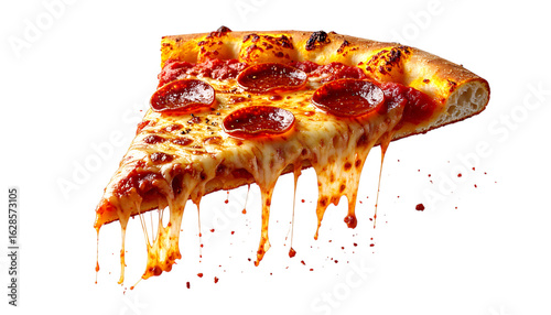 Delicious pepperoni pizza slice with melting cheese, food photography on transparent background