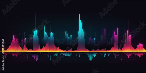 Cityscape of skyscrapers at night with a blue equalizer soundwave and music notes vector illustration backdrop