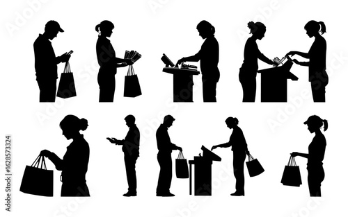 Cashier and customer silhouette vector set showing shopping and checkout interactions