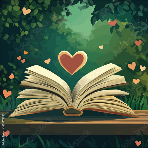 Open book on garden table scene