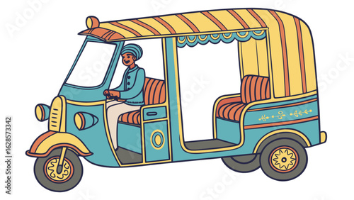 Illustration of a colorful auto rickshaw with a driver wearing a turban and a buttoned jacket