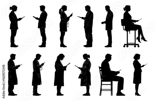Doctor and patient silhouette vector set with medical consultation and checkup scenes