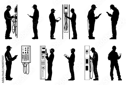 Elevator maintenance worker silhouette vector set with technicians inspecting control panels