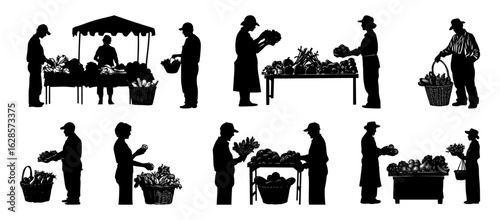 Farmer’s market silhouette vector set of vendors and customers buying fresh produce