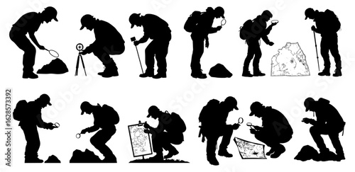Geologist silhouette vector set with field scientists analyzing rocks, maps, and soil samples
