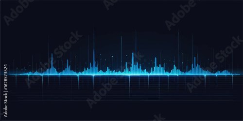 Abstract sound waves of a digital audio equalizer on a deep blue background vector illustration with vibrant light lines and pulse technology design