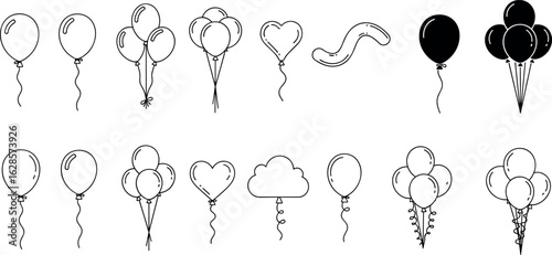 Balloon icon set, vector illustrations, celebration symbols, party elements,  festive decorations, celebration symbols, party elements, black and white drawings, outlined helium shapes, event graphics