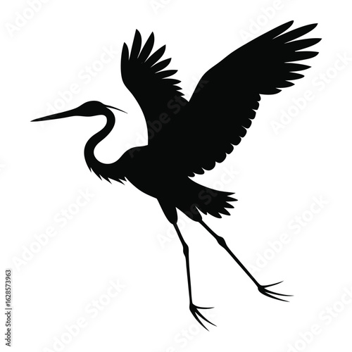 Flying Heron with Extended Wingspan Pose Silhouette Vector Illustration
