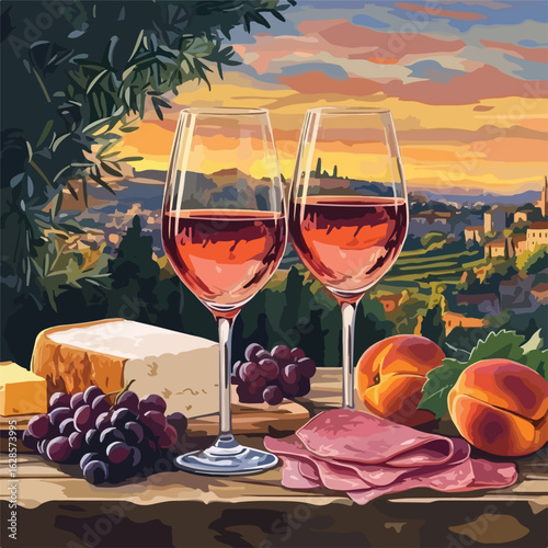 Rose Wine Bottle and Glasses Composition