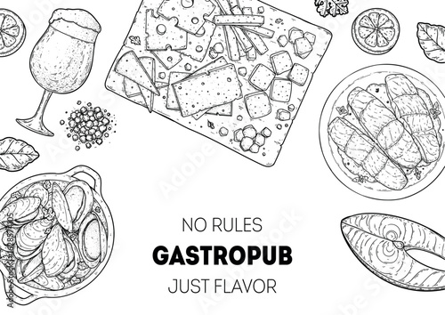 Gastropub menu. Pub food and beer. Hand drawn vector illustration. Food and drink sketch. Top view. Hand drawn food collection for gastropub or pub menu design. Beer and snacks.