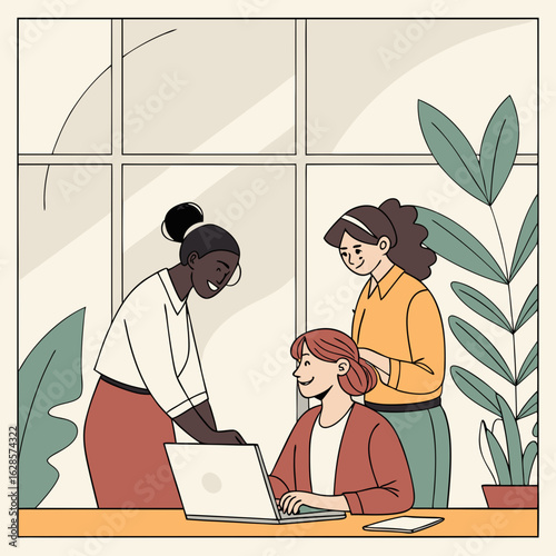 Three diverse women collaborating on a laptop in an office setting isolated on white background