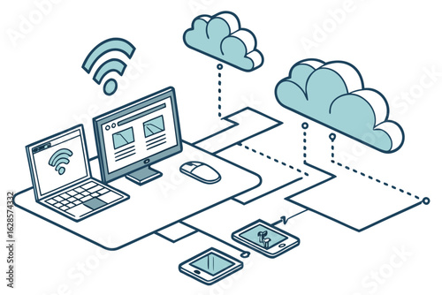 Cloud computing network diagram with devices and wi fi symbol isolated on white background