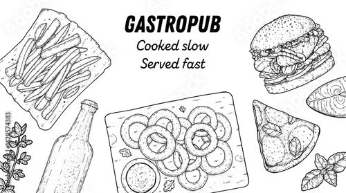 Gastropub menu. Pub food and beer. Hand drawn vector illustration. Food and drink sketch. Top view. Hand drawn food collection for gastropub or pub menu design. Beer, burger, french fries, snacks.