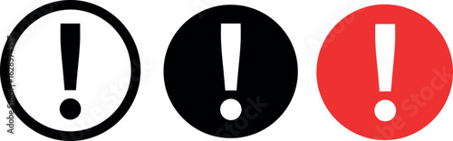 Exclamation mark icon set, warning signs,  black, caution, danger,  warning signs, attention symbols, black, white and red circle graphics for alert, caution, danger, notification design