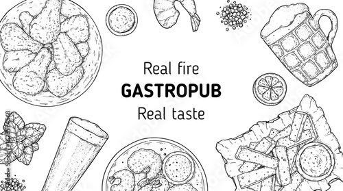Gastropub menu. Pub food and beer. Hand drawn vector illustration. Food and drink sketch. Top view. Hand drawn food collection for gastropub or pub menu design. Beer, fried chicken, croutons, shrimps