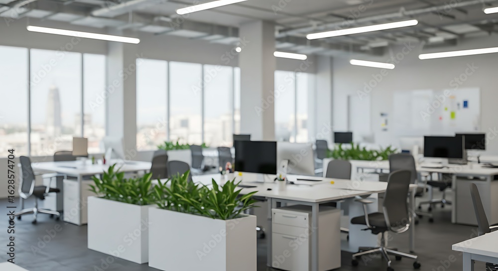 Blurred office interior with desks, plants, and natural light coming through windows Blurred office interior with desks, plants, and natural light coming through windows