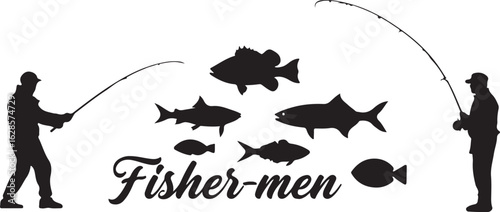 Silhouette of two fishermen casting lines with various fish silhouettes and the word Fisher-men fishing