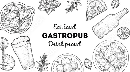 Gastropub menu. Pub food and beer. Hand drawn vector illustration. Food and drink sketch. Top view. Hand drawn food collection for gastropub or pub menu design. Beer,