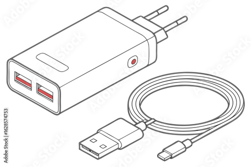 Dual usb wall charger with cable isolated on white background