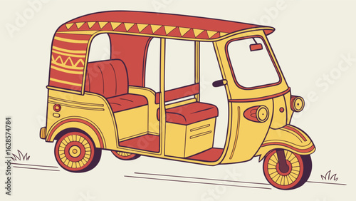 Illustration of a yellow and red auto rickshaw with patterned roof and seats on a light background color
