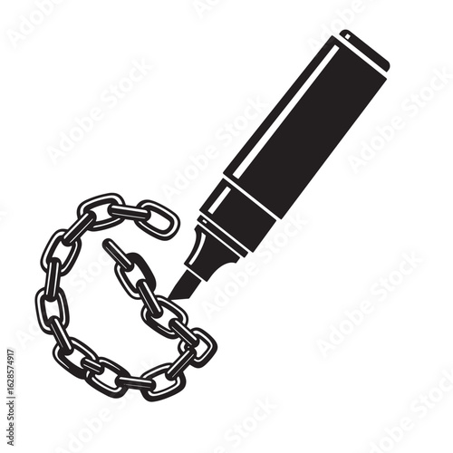 A black and white vector illustration of a marker pen and a metal chain