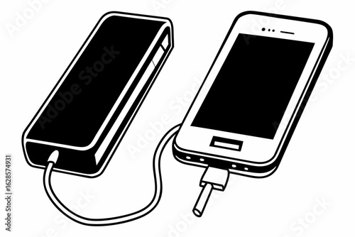 Smartphone charging from a power bank isolated on white background