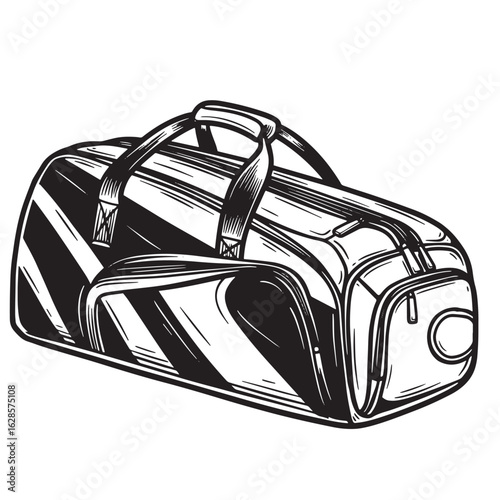 Artistic black and white illustration of a detailed vintage travel or sports duffel bag