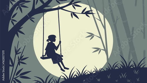 Silhouette of a girl on a swing under the moonlight in a bamboo forest