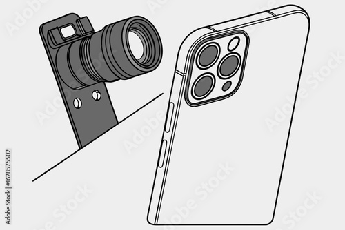 Smartphone with external camera lens attachment isolated on white background