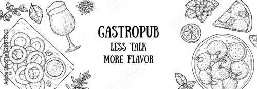 Gastropub menu. Pub food and beer. Hand drawn vector illustration. Food and drink sketch. Top view. Hand drawn food collection for gastropub or pub menu design. Beer,