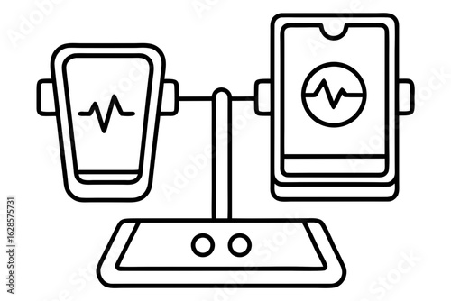 Conceptual balance scale with smartphones displaying heart rate isolated on white background