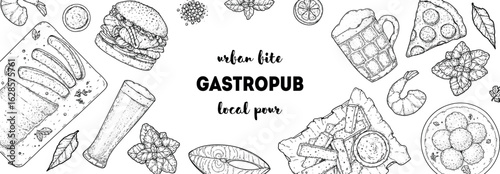 Gastropub menu. Pub food and beer. Hand drawn vector illustration. Food and drink sketch. Top view. Hand drawn food collection for gastropub or pub menu design. Beer,