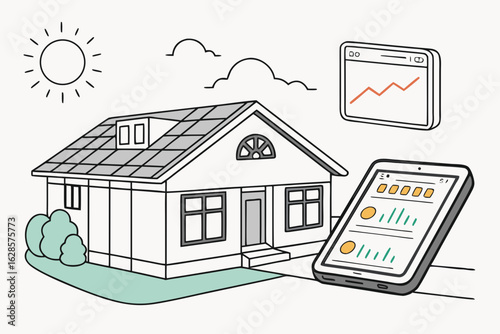 House with solar panels and smart home technology on white background isolated on white background