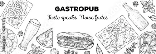 Gastropub menu. Pub food and beer. Hand drawn vector illustration. Food and drink sketch. Top view. Hand drawn food collection for gastropub or pub menu design. Beer and food frame.