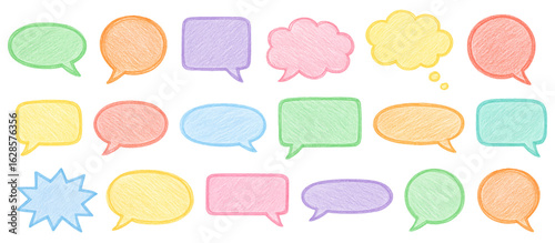 Hand-drawn colorful speech bubbles set in various shapes and pastel colors. Crayon chalk or colored pencil texture