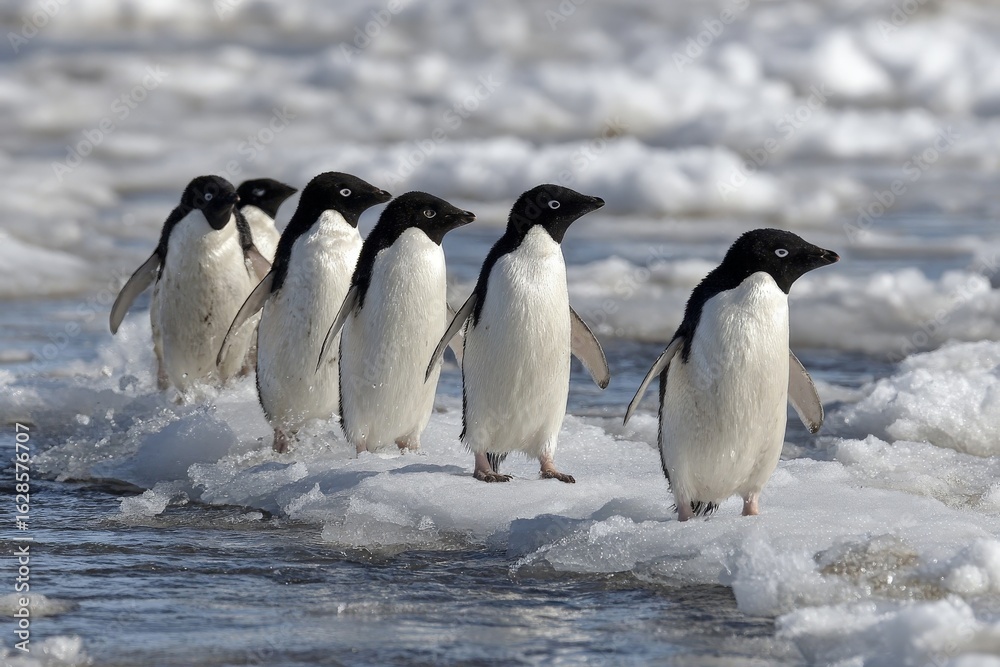 Obraz premium Adelie penguins walk across icy terrain in Antarctica during the summer season while searching for food