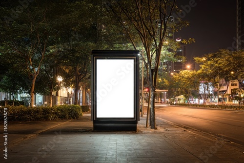 Empty billboard at night, urban setting.  City street scene with trees and buildings, illuminated by streetlights.  Blank advertisement display