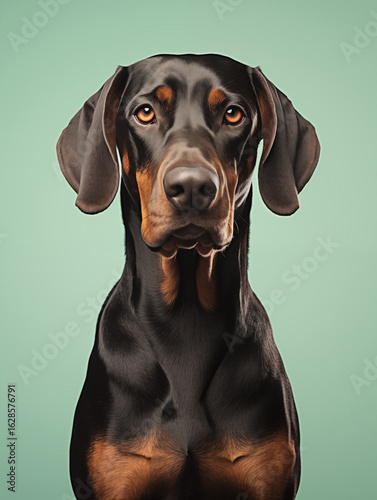 Regal black and tan Doberman Pinscher dog portrait on a green wall.