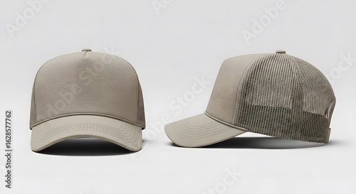 beige color trucker cap mockup, front and side view
