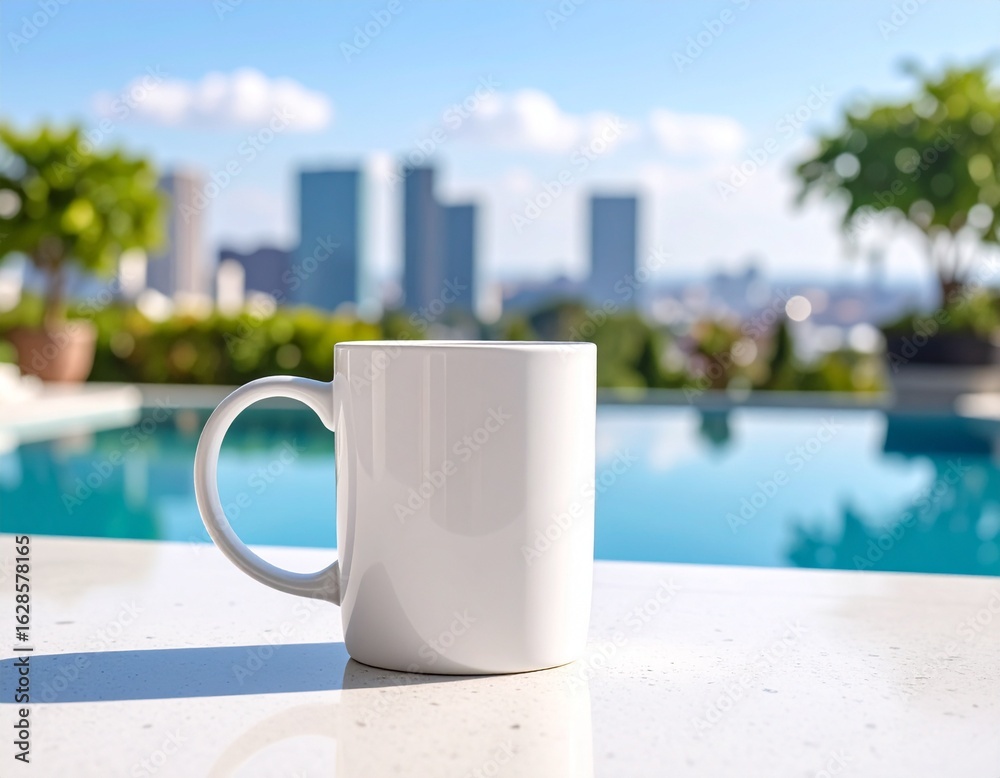 Fototapeta premium Clean White Mug on Terrazzo Table near Pool with City View