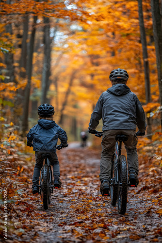 children biking in forest, autumn.