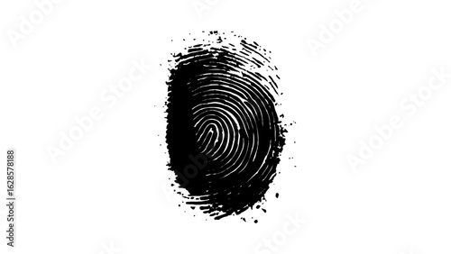 One black fingerprint on white background. human fingerprint on a clean white background. Simple and clear biometric design with ample caption space for identity, security. 