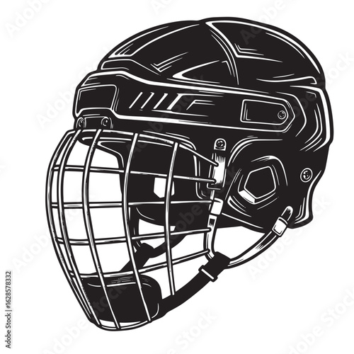 Detailed black and white vector illustration of a hockey helmet with a face cage